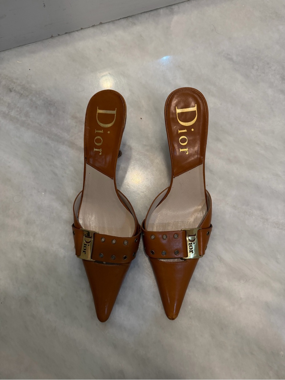 Authentic Dior Tan Leather Pointed-Toe Slip-On Heels with Gold Hardware
